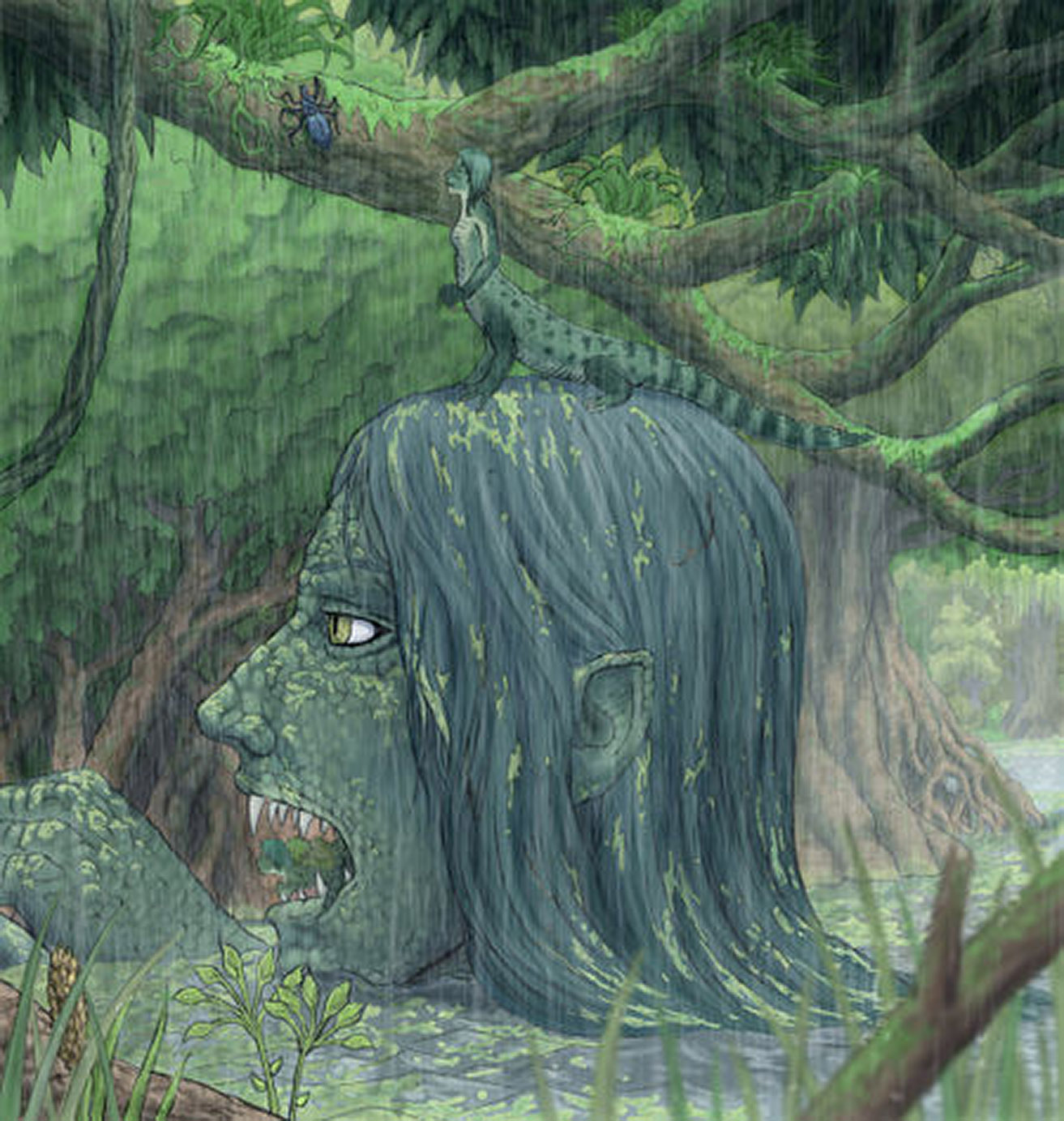 A side view of a Squamataur in the swamp
